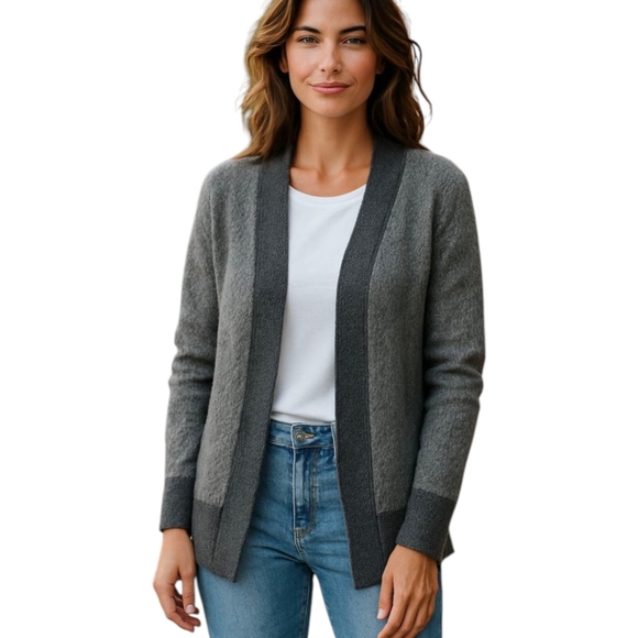 Eileen Fisher Gray 100% Linen Open Front Cardigan Sweater Fly Away Draped Sz L - Picture 1 of 12